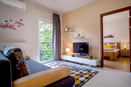a living room with a couch and a television at Vas Villa in Siófok