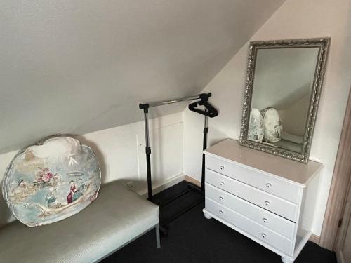 a dressing room with a mirror and a dresser at Sleep In Brande - Close By Herning, Legoland, Givskud Zoo in Brande