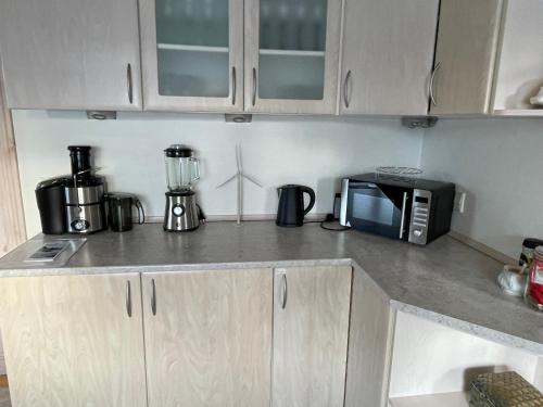 a kitchen counter top with a microwave and a microwave at Sleep In Brande - Close By Herning, Legoland, Givskud Zoo in Brande