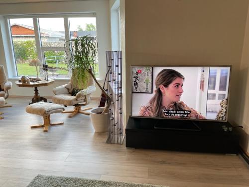 a living room with a flat screen tv in a living room at Sleep In Brande - Close By Herning, Legoland, Givskud Zoo in Brande