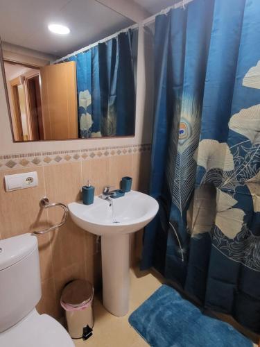 een badkamer met een wastafel, een toilet en een douchegordijn bij Bajo estupendo con patio y piscina privada a 300 metros de la playa! in Vera