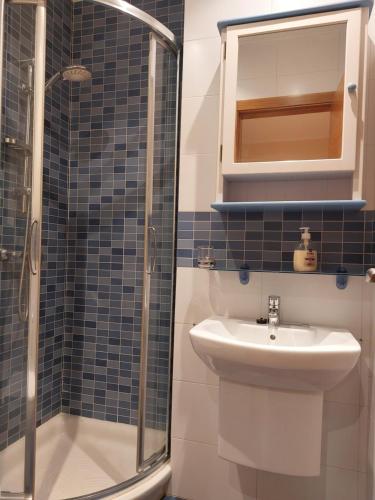 a bathroom with a sink and a shower at Apartamento Vieiro con plaza garaje gratis in Santiago de Compostela