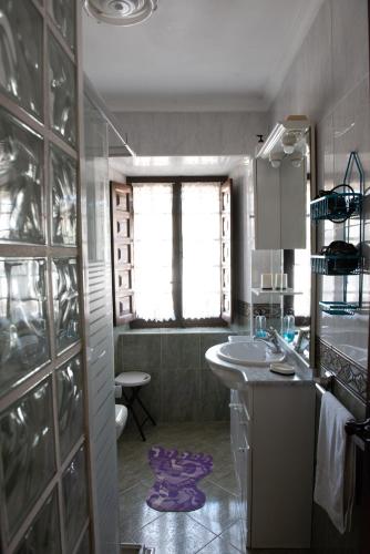 a bathroom with a sink and a shower with a window at La torrevia2 in Santillana del Mar