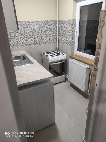 a small kitchen with a stove and a sink at Garsoniera Turda Maria in Turda