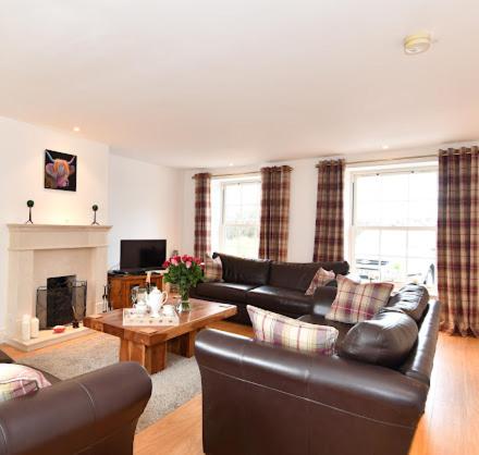 a living room with leather furniture and a fireplace at The Rocks B&B in Crumlin