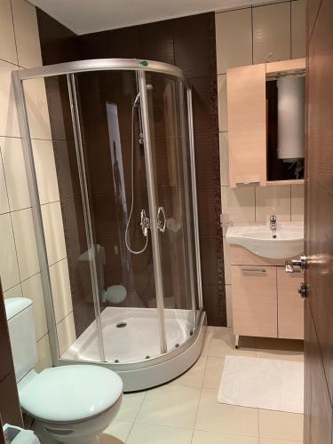 a bathroom with a shower and a toilet and a sink at Rich-3 SP apartments in Ravda