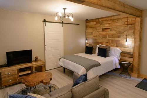 a bedroom with a bed and a tv and a couch at Le Court-Toit in Rouyn