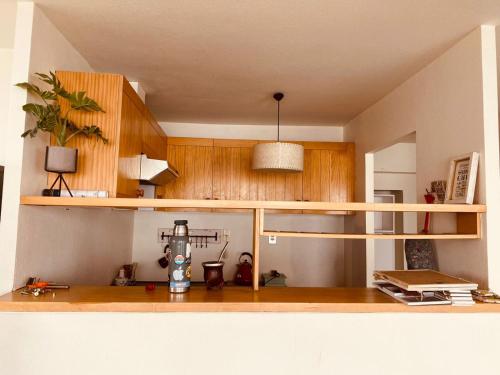 a kitchen with wooden cabinets and a blender at La Parva Dpto in Farellones