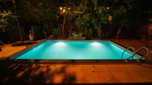 a swimming pool at night with lights on it at Lifeline Villas - Marvel Valley View 5Bhk With Private Pool,Surrounded by strawberry farms in Mahabaleshwar