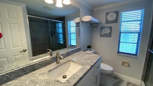 a bathroom with a sink and a toilet and a mirror at Waterfront Hernando beach house on deep water canal w/dock, fishing, kayak in Hernando Beach