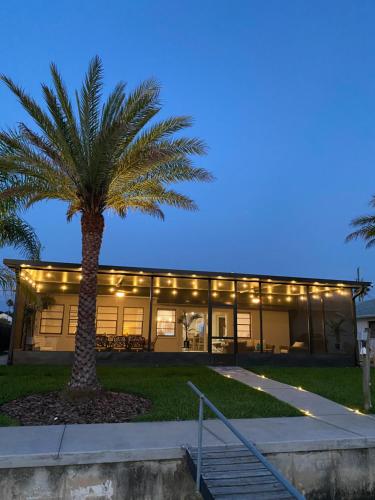 a palm tree in front of a building with lights at Waterfront Hernando beach house on deep water canal w/dock, fishing, kayak in Hernando Beach