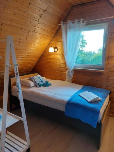 a bedroom with a bed with a ladder and a window at Domek Gościnny in Darłowo