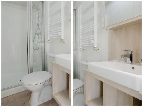 two pictures of a bathroom with a toilet and a sink at Modern mobile home in Middelkerke with garden in Middelkerke