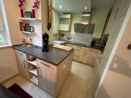 a large kitchen with a counter top in a room at Stadtwohnung am Oertelplatz in Munich