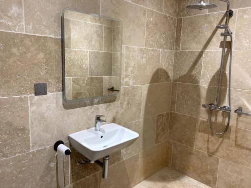 W łazience znajduje się umywalka i prysznic. w obiekcie Pavillon indépendant en plein centre de Vichy w mieście Vichy