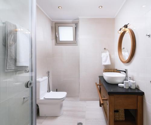 uma casa de banho com um WC, um lavatório e um espelho. em Ammokrinos Luxury Homes,150m from the beach em Kalamaki
