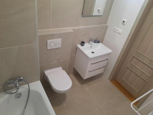 ein Badezimmer mit einem weißen WC und einem Waschbecken in der Unterkunft Mýto apartments in Mýto pod Ďumbierom