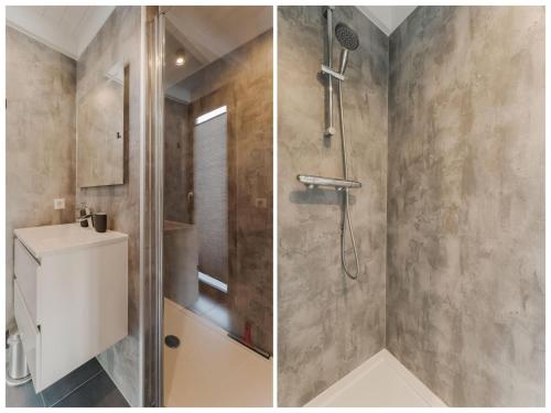 two pictures of a shower in a bathroom at Brand new Boathouse on the water in Stavoren with a garden in Stavoren