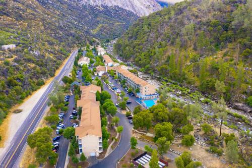an aerial view of a resort with a parking lot at Yosemite View Lodge in El Portal