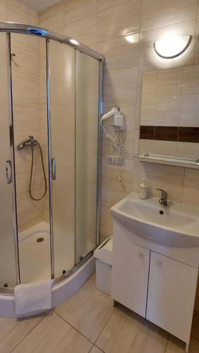 a bathroom with a shower and a sink at Sandomiria in Sandomierz