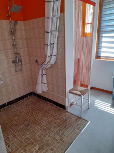La salle de bains est pourvue d'une douche, de toilettes et d'une chaise. dans l'établissement Appartement aux portes de l ardèche en cevennes, à Saint-Ambroix