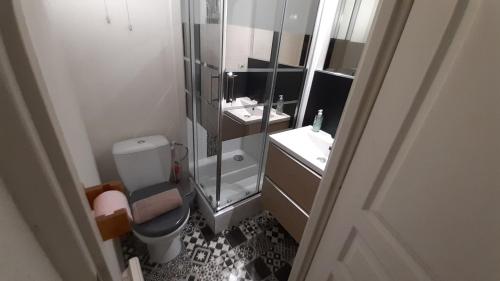 uma casa de banho com um WC, um lavatório e um espelho. em Studio 202 au 15 rue Battant à Besançon em Besançon