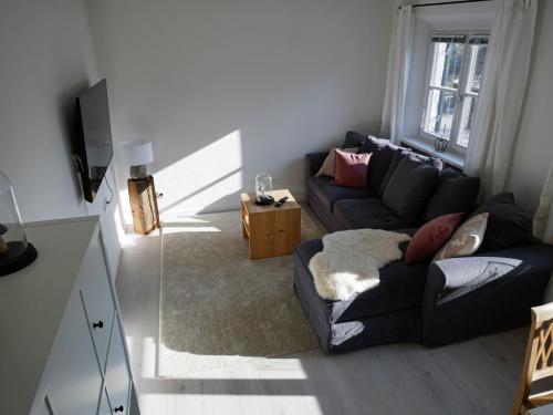 ein Wohnzimmer mit einem Sofa und einem TV in der Unterkunft Helles 2-Zimmer-Apartment in Ostin am Tegernsee in Gmund am Tegernsee