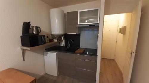 une petite cuisine avec un évier et un micro-ondes dans l'établissement Studio 202 au 15 rue Battant à Besançon, à Besançon