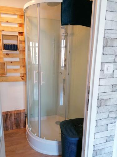 - une douche en verre dans une chambre avec une poubelle dans l'établissement studio de Charme hyper centre, à Boulogne-sur-Mer