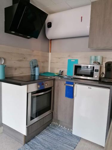 une petite cuisine avec une cuisinière et un micro-ondes dans l'établissement studio de Charme hyper centre, à Boulogne-sur-Mer
