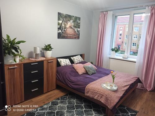 sypialnia z fioletowym łóżkiem i oknem w obiekcie Silver Apartment Mazury Giżycko w mieście Giżycko