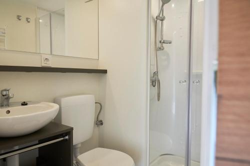 La salle de bains est pourvue de toilettes, d'un lavabo et d'une douche. dans l'établissement Comfort Safarizelt direkt am Ossiachersee, à Steindorf am Ossiacher See