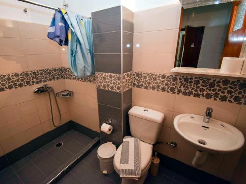 a small bathroom with a toilet and a sink at Mega Apartments in Tyros