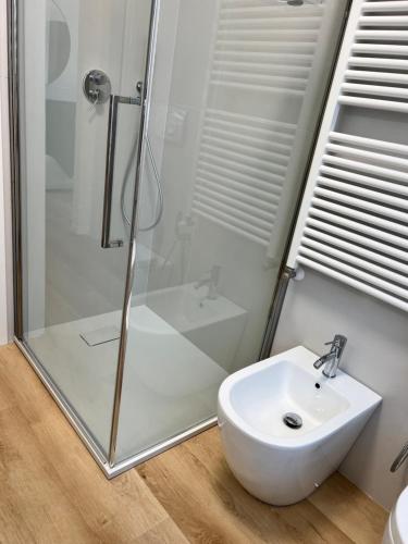 a white bathroom with a shower and a sink at Ferrarese209 in Bologna
