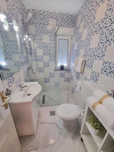 a bathroom with a toilet and a sink and a shower at Apartments Paklenica in Starigrad