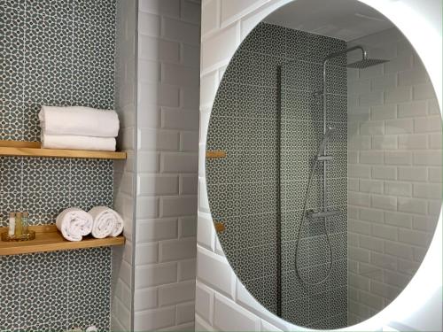 a bathroom with a shower and a mirror at Apartamentos Succo in Plasencia