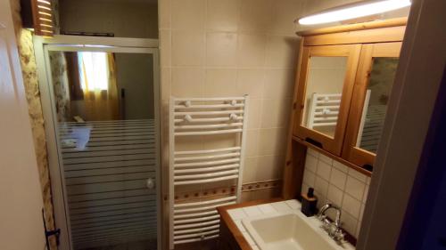 a bathroom with a sink and a shower and a mirror at Gites PassionPastel in Pech-Luna