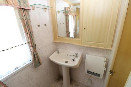 a bathroom with a sink and a mirror at Hof Nieuwerkerk Chalet 1 in Arnemuiden