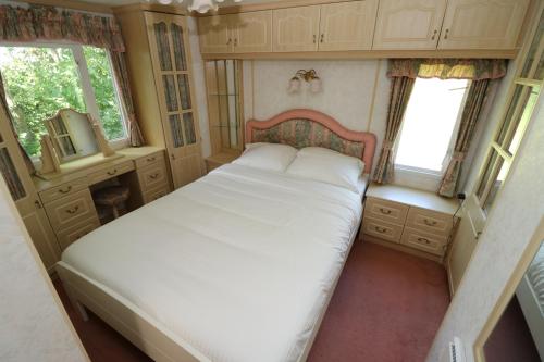 a bedroom with a bed and a tv and windows at Hof Nieuwerkerk Chalet 1 in Arnemuiden