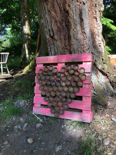 a pink bench sitting next to a tree at The Loveshack Lodge Balquhidder in Balquhidder