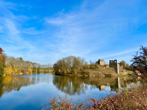 a view of a lake with a castle in the background at Roubenka Kamennka in Borotín