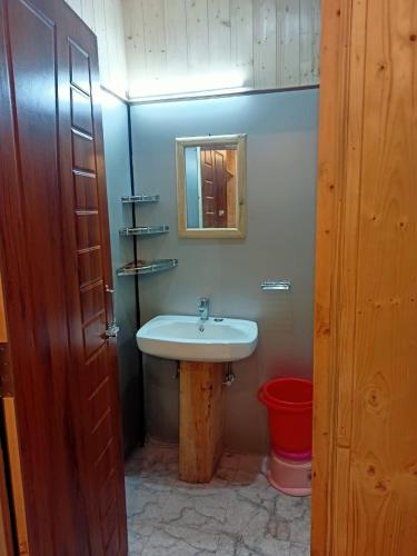 a bathroom with a sink and a red bucket at THE GROOVE GARDEN DHANOLTi in Dhanaulti
