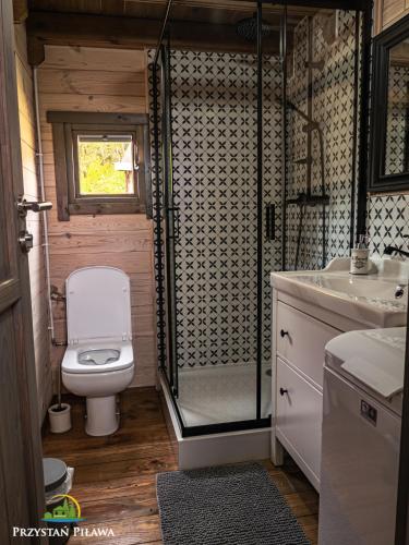 a bathroom with a toilet and a shower and a sink at Przystań Piława in Borne Sulinowo