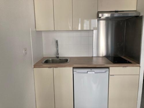 une cuisine avec un évier et un appareil en acier inoxydable dans l'établissement Proche Mer Nice Coquet 2P 28m², à Nice