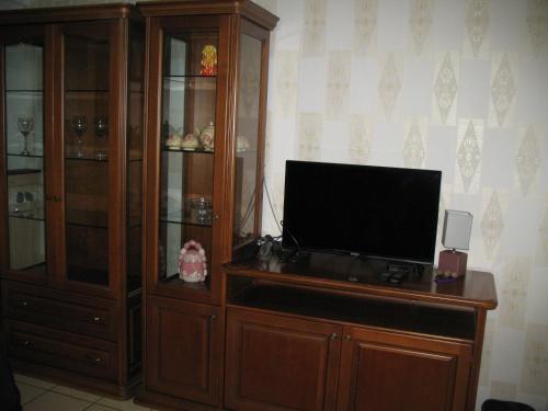 a entertainment center with a flat screen television in a room at Guest House Slivek in Slivek