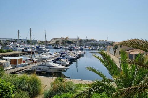un groupe de bateaux amarrés dans un port de plaisance dans l'établissement Naturiste Cap d'Agde Port Vénus 110, au Cap d'Agde