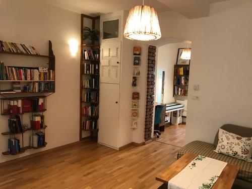 a living room with a couch and a table and books at Nice apartment near Schönbrunn and downtown in Vienna