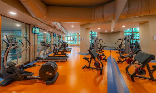 a gym with a row of treadmills and elliptical machines at Samara Hotel Bodrum Ultra All Inclusive in Torba
