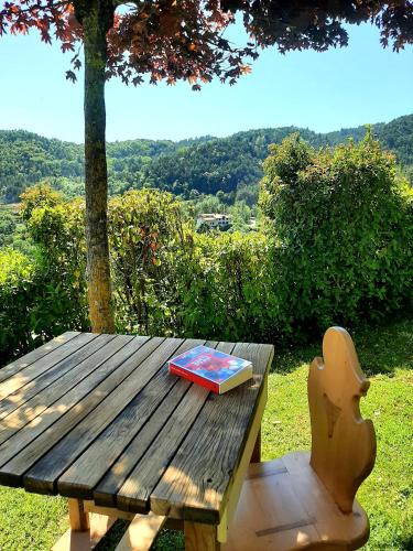 a wooden picnic table with a book on top of it at B&B degli Allori in Moggiona