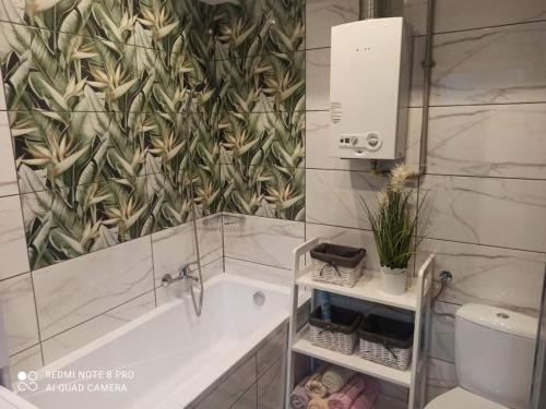 Silver Apartment Mazury Giżycko في غيجيتسكو: حمام مع حوض وحوض استحمام ومرحاض